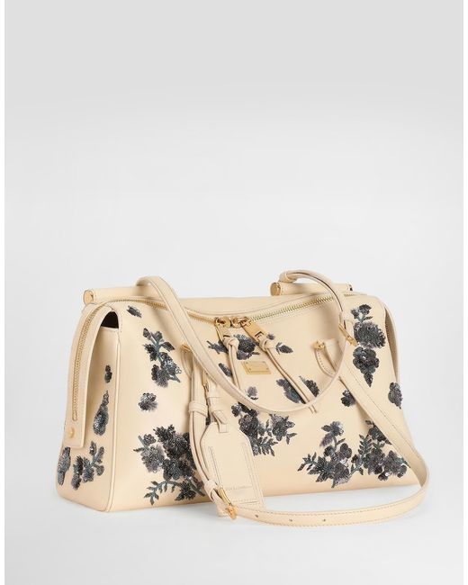 Dolce & Gabbana Natural Medium Vittoria Handbag With Embroidery