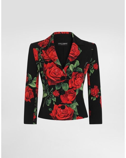 Dolce & Gabbana Red Rose-Print Charmeuse Single-Breasted Jacket