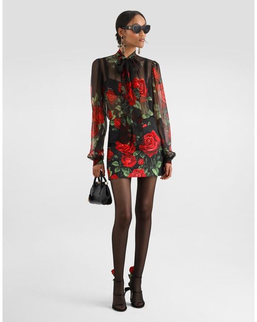 Dolce & Gabbana Red Rose-Print Brocade Skirt