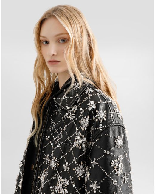 Dolce & Gabbana Black Vintage Leather Jacket With Embroidery