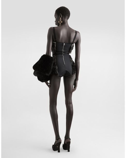 Dolce & Gabbana Black Bestickter Body Mit Pailletten Und Kleinen Perlen