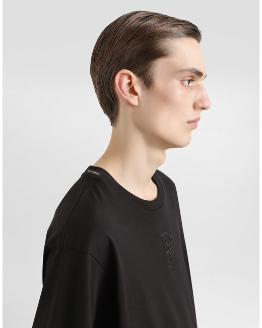 Dolce & Gabbana Black Cotton T-Shirt With Logo Embroidery for men