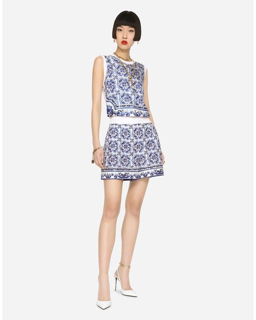 Dolce & Gabbana ノースリーブセーター シルク＆ツイル マヨリカプリント Blue