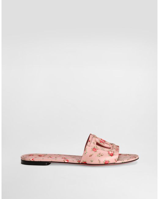 Dolce & Gabbana Pink Calfskin Flat Slippers With Little Roses Print