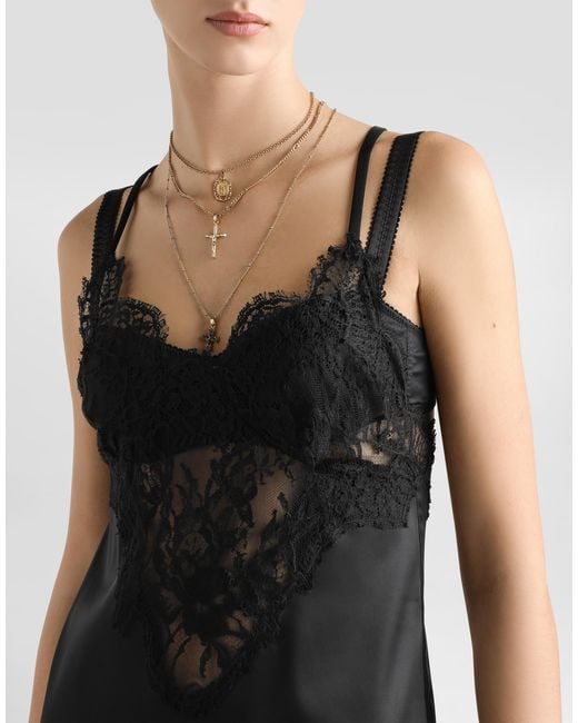 Dolce & Gabbana Black Lace-Trimmed Satin Slip Dress