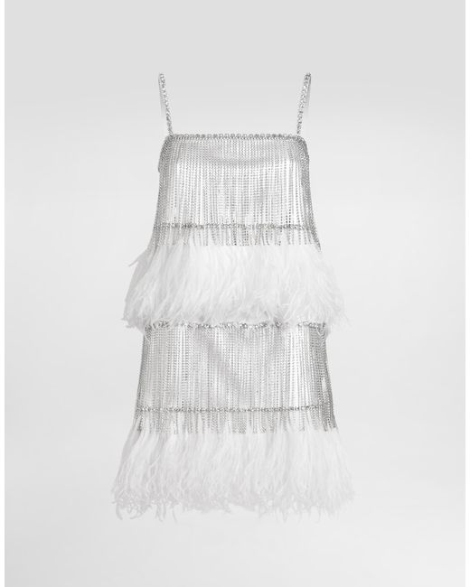 Dolce & Gabbana White Satin Dress With Feathers