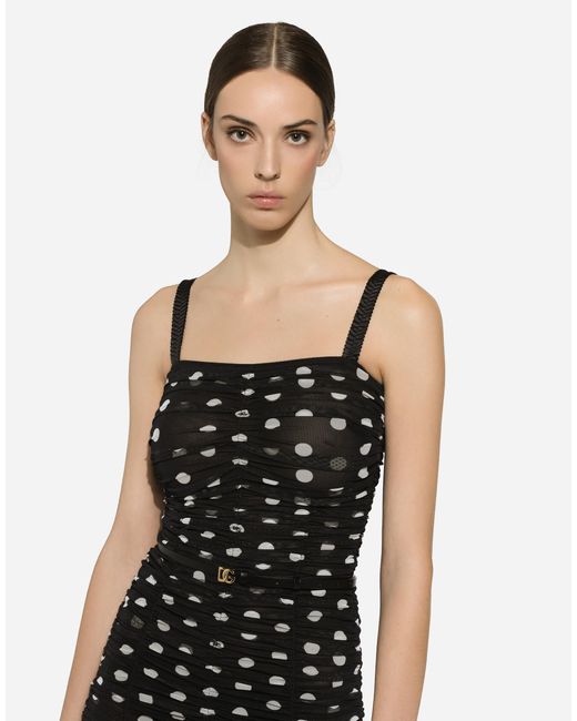 Dolce & Gabbana Black Tulle Calf-Length Sheath Dress With Draping And Polka-Dot