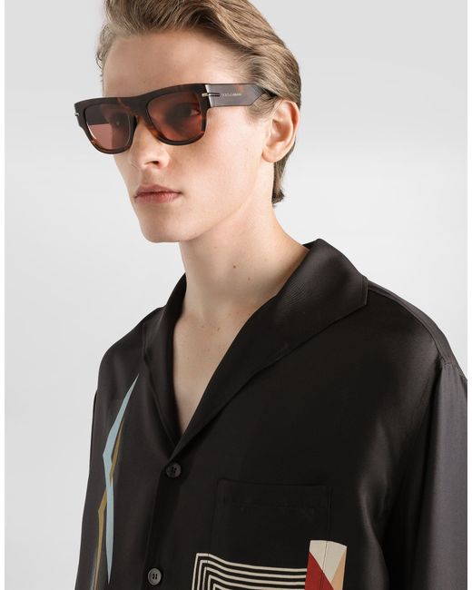 Dolce & Gabbana Black Geometric-Print Twill Shirt for men