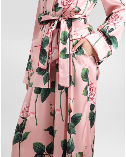 Pantalones Estilo Pijama De Seda Con Estampado De Rosas Dolce & Gabbana de color Pink