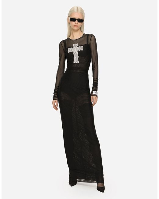 Dolce & Gabbana Black Long Tulle Dress With Rhinestone Cross Embellishment