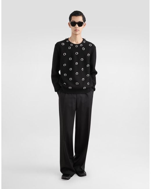 Dolce & Gabbana Black Wool Round-Neck Sweater With Embroidery And Bejeweled Buttons for men