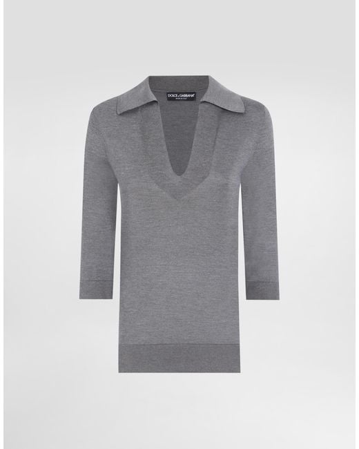Dolce & Gabbana Gray Silk V-Neck Polo-Shirt With Dg Logo Embroidery