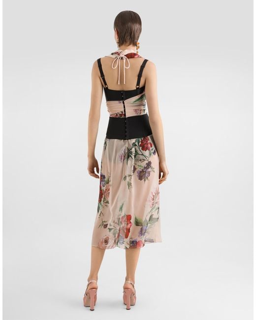 Dolce & Gabbana Red Marquisette And Chiffon Corset Top With Floral