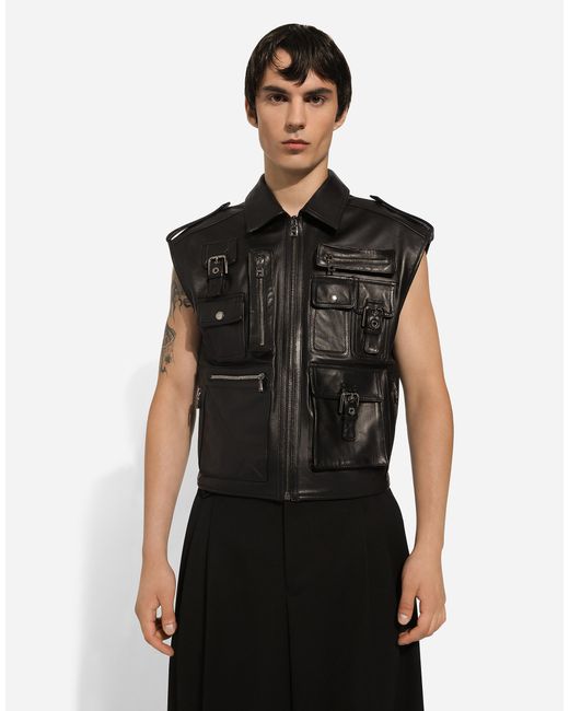 Chaqueta Sin Mangas De Piel Con Bolsillos Dolce & Gabbana de hombre de color Black