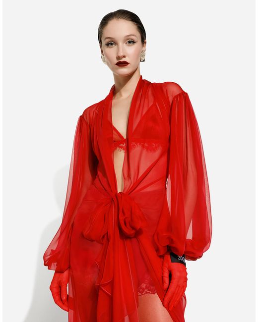 Dolce & Gabbana Red Langes Kleid Aus Seidenchiffon Mit Schleife
