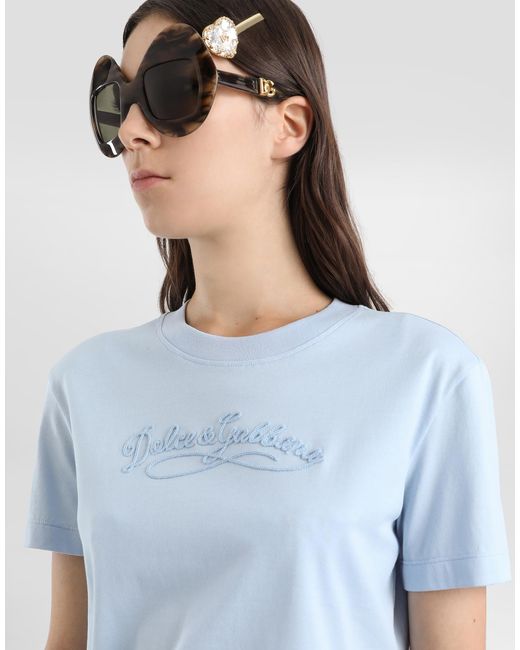 Dolce & Gabbana Blue Jersey T-Shirt With Embroidery