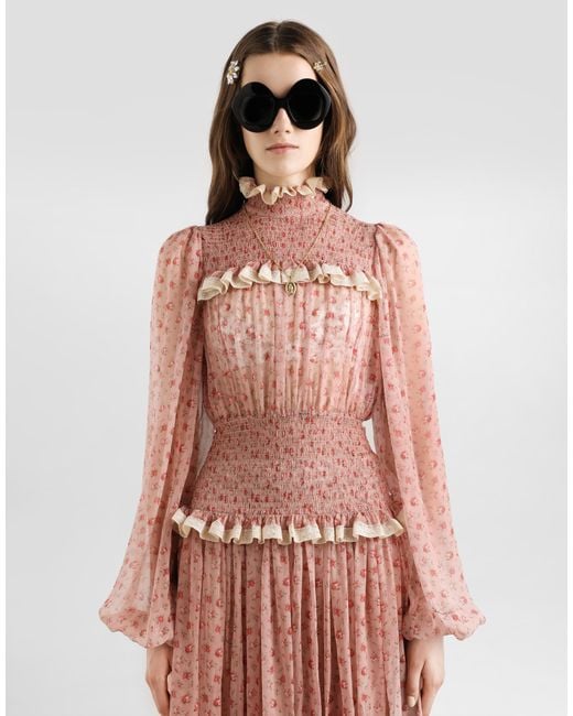 Dolce & Gabbana Pink Small Rose-Print Long Chiffon Dress
