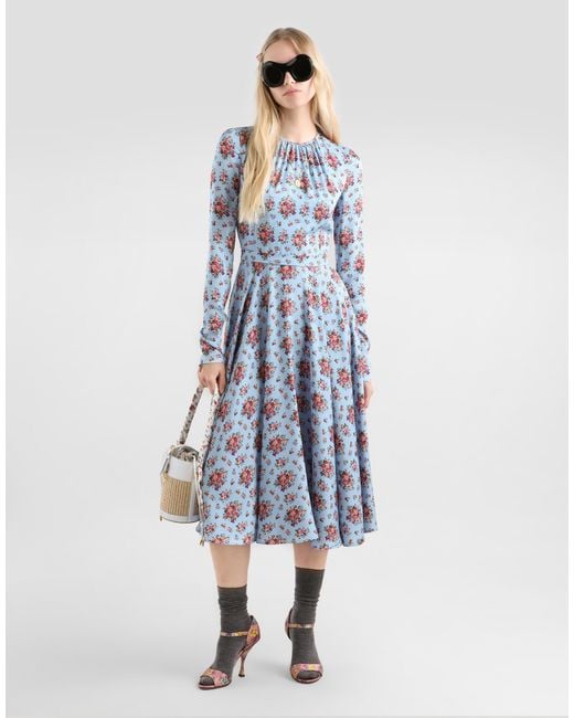 Dolce & Gabbana Blue Small Flower Bouquets-Print Long Charmeuse Dress
