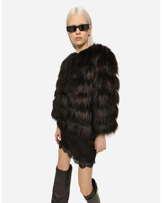 Dolce & Gabbana Black Dolce & Gabbana Faux Fur Cropped Jacket