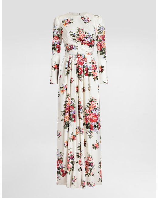 Dolce & Gabbana White Flower Bouquet-Print Charmeuse Dress