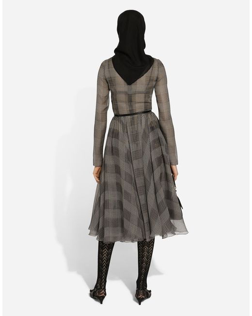Dolce & Gabbana グレンチェックプリント シフォン ロンゲット サーキュラースカート Gray