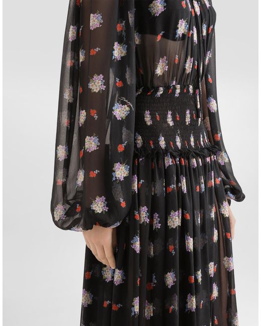 Dolce & Gabbana Black Small Floral-Print Long Chiffon Dress