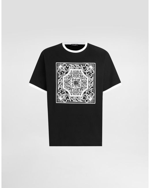 Dolce & Gabbana Black Cotton T-Shirt With Print And Embroidery for men