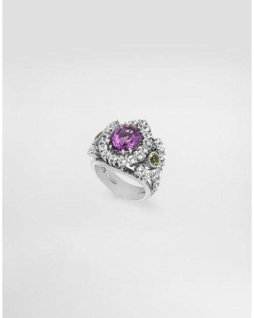 Dolce & Gabbana White Eleganza Ring 18-Carat, Amethyst, Peridots, And Sapphires