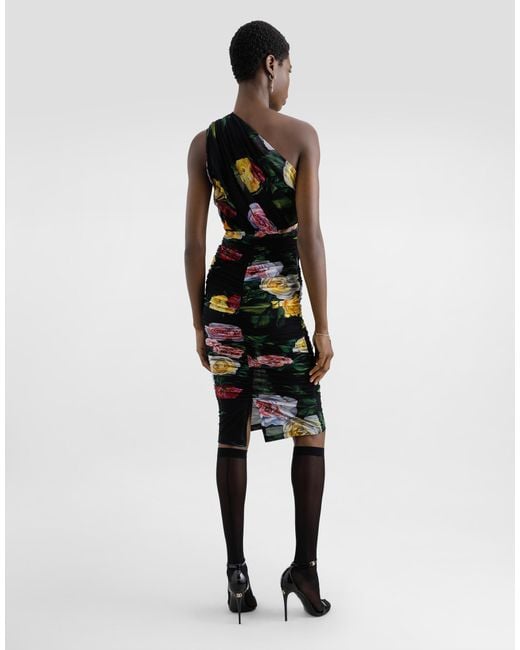 Dolce & Gabbana White Longuette-Kleid Im One-Shoulder-Stil Aus Tüll Pfingstrosen- Und Rosenprint