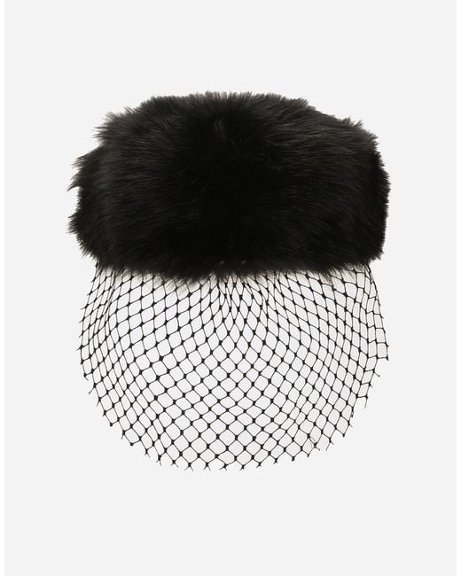 Dolce & Gabbana Black Shearling Flat Cap With Veil