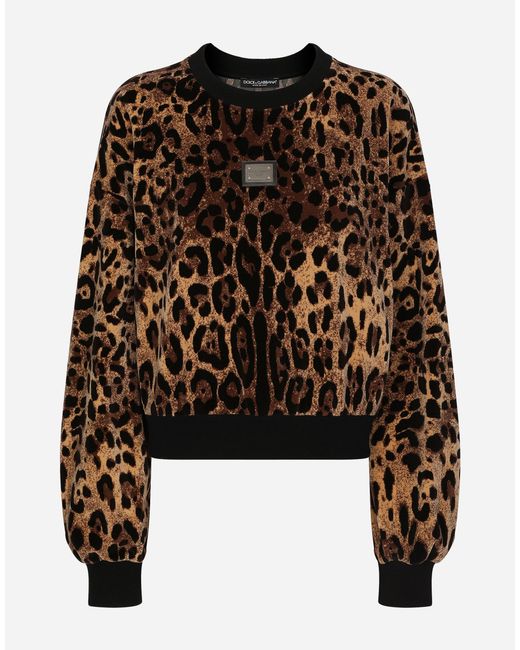 Dolce & Gabbana Black Round-Neck Chenille Sweatshirt With Jacquard Leopard Design