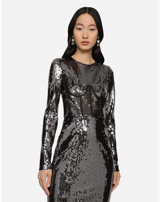 Dolce & Gabbana White Long Sequined Dress With Corset Detailing