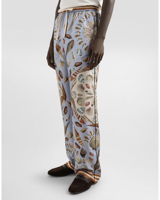Dolce & Gabbana Blue Shell-Print Silk Twill Trousers for men