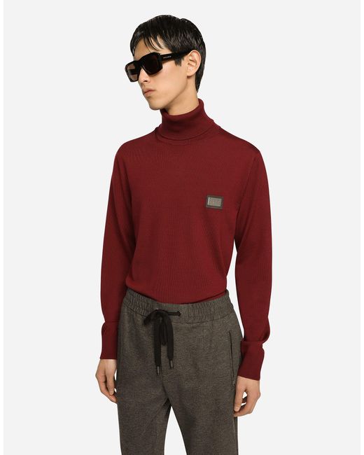 Dolce & Gabbana Rollkragenpullover Wolle Mit Logoplakette in Red für Herren
