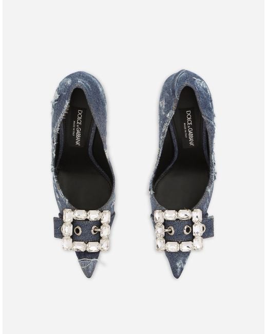 Dolce & Gabbana White Patchwork Denim Pumps With Rhinestone Buckle