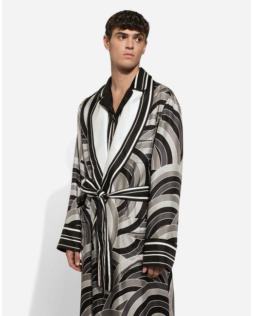 Dolce & Gabbana White Printed Silk Twill Robe for men