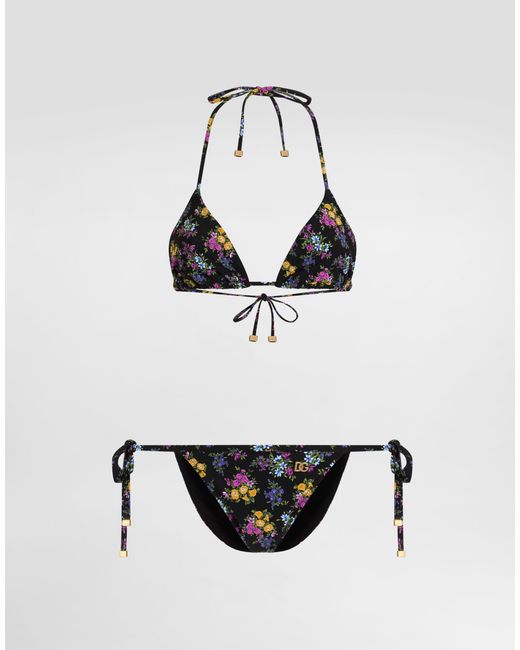 Dolce & Gabbana White Small Floral-Print Triangle Bikini