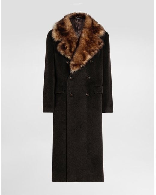 Dolce & Gabbana Black Double-Breasted Coat With Fur Collar for men