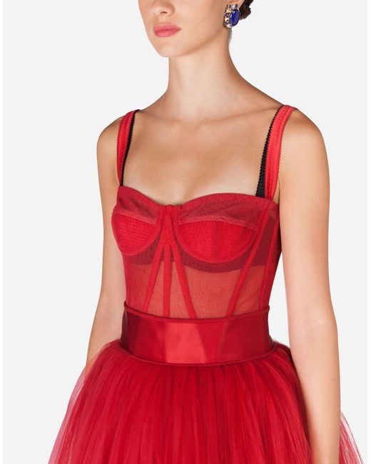 Dolce u0026 Gabbana Bustier Tulle Midi Dress in Red | Lyst