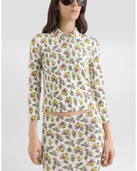 Dolce & Gabbana White Small Floral-Print Viscose Polo Shirt