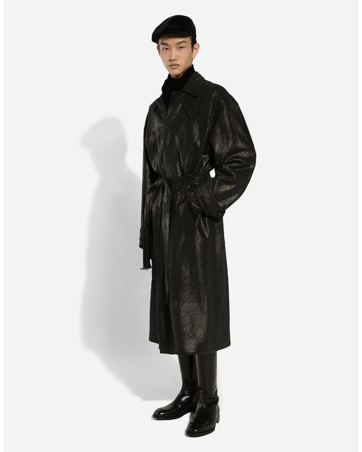 Dolce & Gabbana Black Leather Belted Trench Coat for men