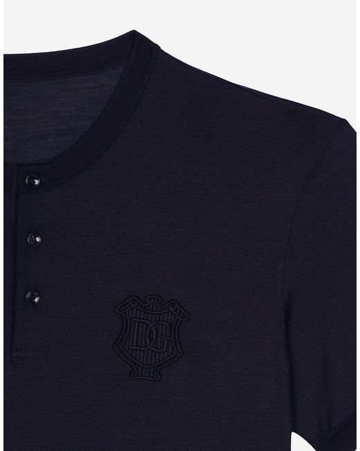 Dolce & Gabbana Blue Silk Granddad-Neck T-Shirt for men