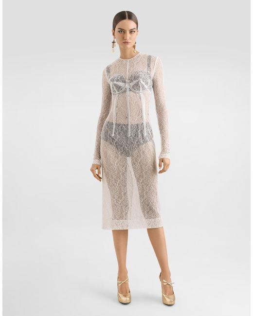 Dolce & Gabbana Natural Lace Calf-Length Dress With Corset Detailing