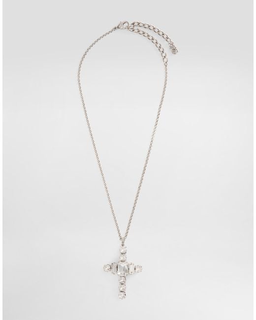 Dolce & Gabbana Cross Necklace With Rhinestones White