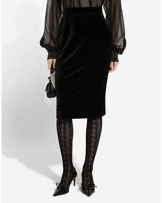Dolce & Gabbana Black Velvet Midi Pencil Skirt