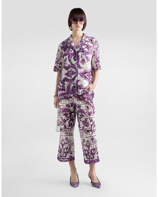 Dolce & Gabbana Majolica-Print Crochet Lace Trousers Purple