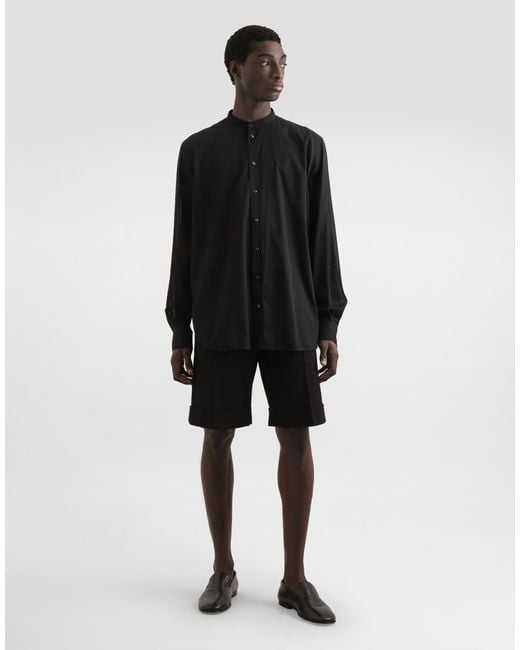 Dolce & Gabbana Black Cotton Canvas Mandarin Shirt for men