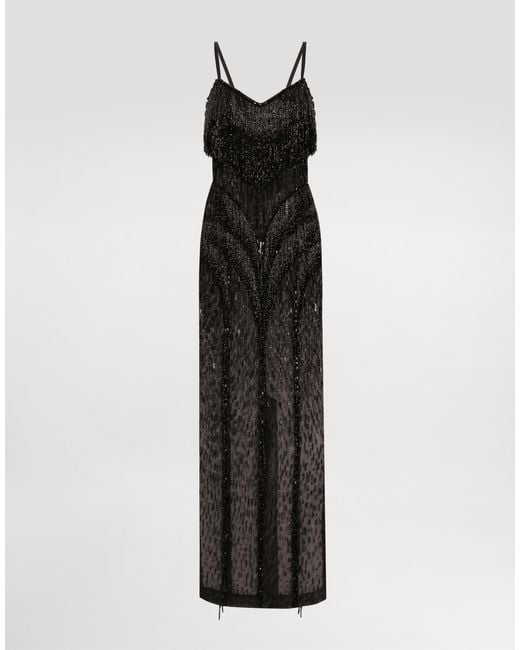 Dolce & Gabbana Black Long Marquisette Dress With Sequined Fringe Embellishment