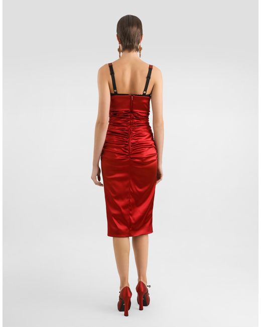 Dolce & Gabbana Red Draped Satin Calf-Length Dress With Conical Cups