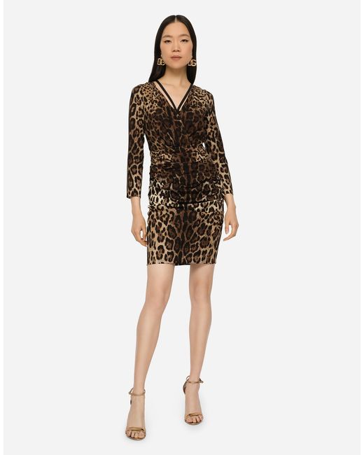 Dolce & Gabbana Multicolor Kurzes Kleid Aus Charmeuse Leoprint Mit Schleife